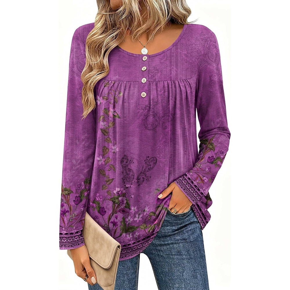 image:imageZeagoo Long Sleeve Shirts for Women Dressy Casual Blouses Loose Tunic TopsPurple Flowermz841