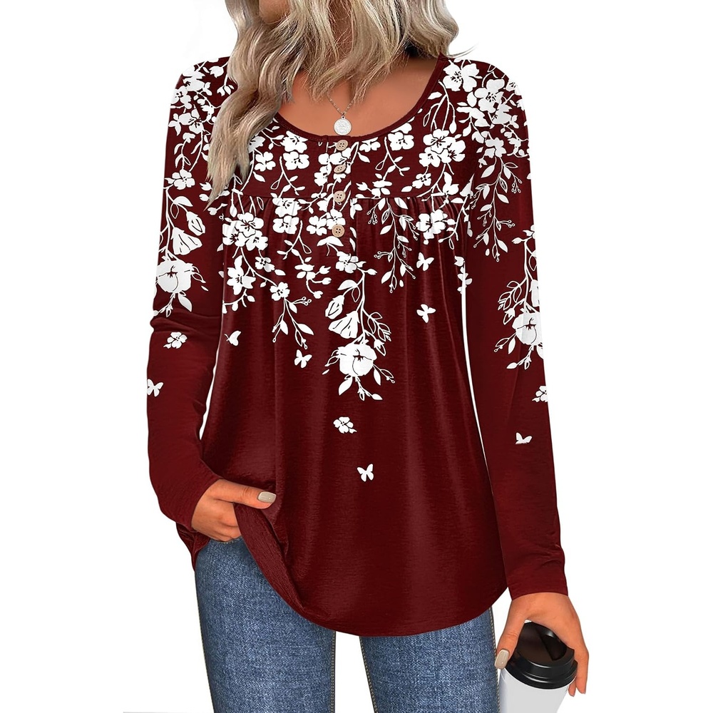 image:imageZeagoo Long Sleeve Shirts for Women Dressy Casual Blouses Loose Tunic TopsRed Flowersf186