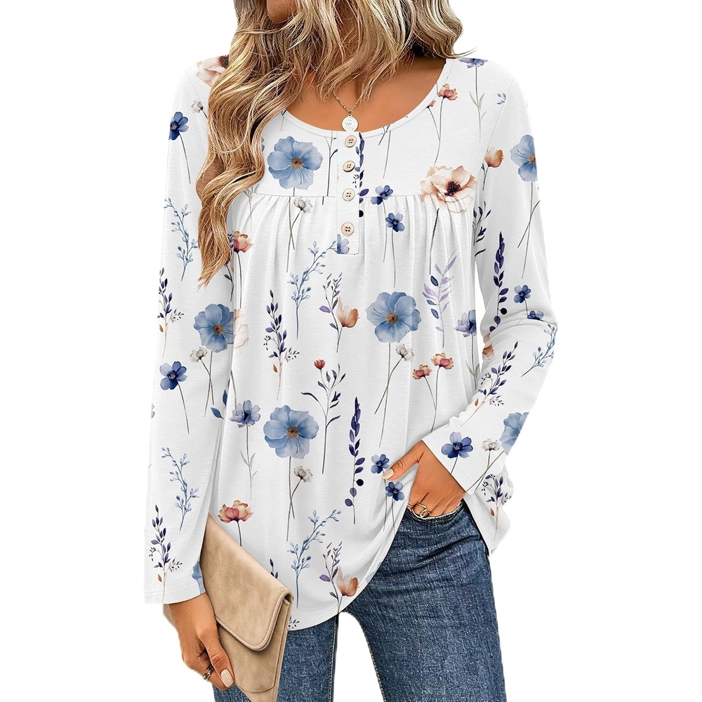 image:imageZeagoo Long Sleeve Shirts for Women Dressy Casual Blouses Loose Tunic TopsWhite Flowerbf290
