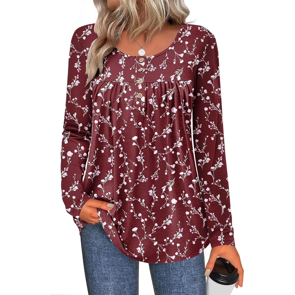 image:imageZeagoo Long Sleeve Shirts for Women Dressy Casual Blouses Loose Tunic TopsWine Redbf321
