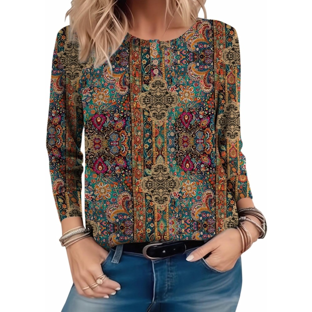 image:imageZeagoo Long Sleeve Shirts for Women Henley T Shirts Loose Fit Tunics Dressy Casual Work Blouses Fall Fashion TopsBrown Boho