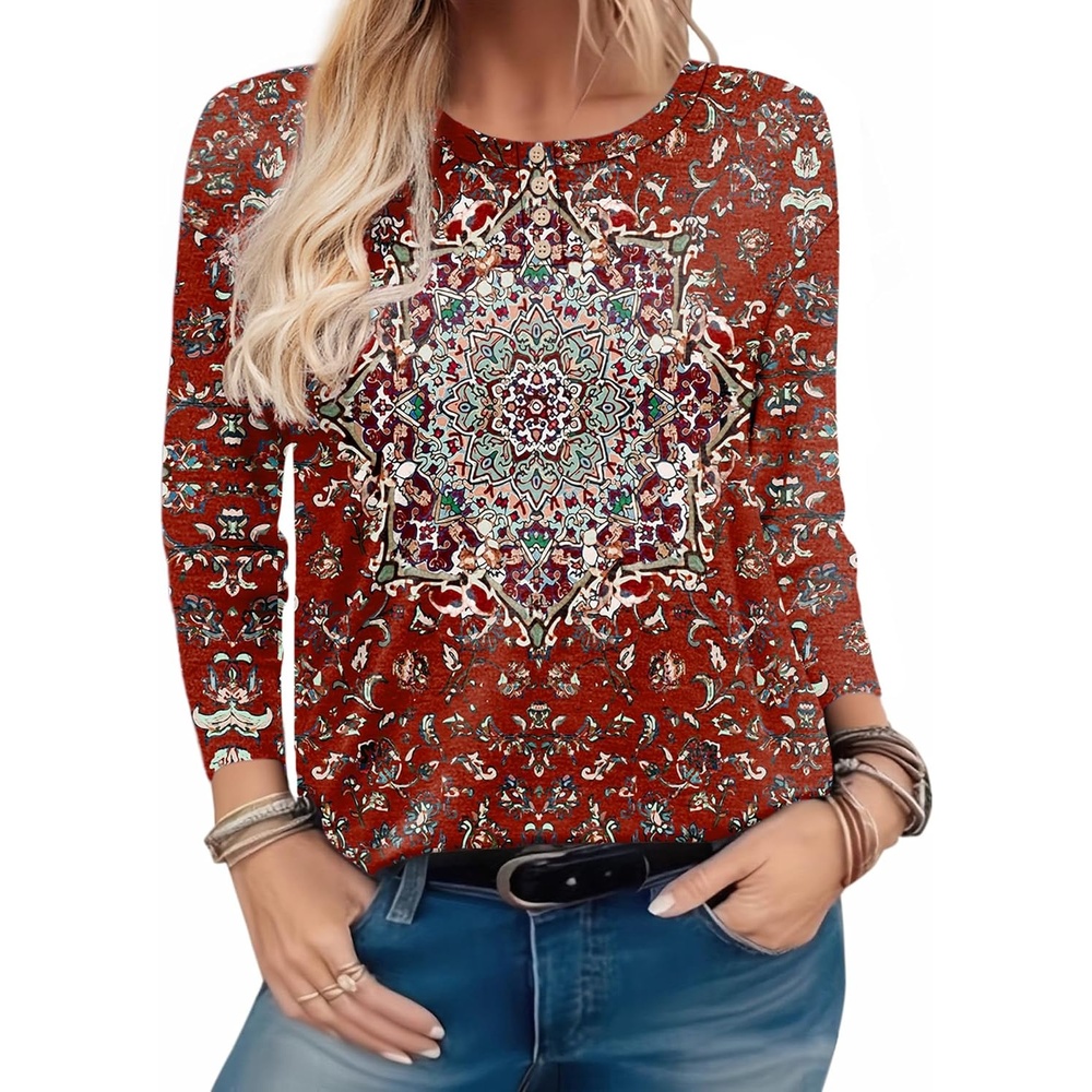 image:imageZeagoo Long Sleeve Shirts for Women Henley T Shirts Loose Fit Tunics Dressy Casual Work Blouses Fall Fashion TopsRed Ethnic Printed