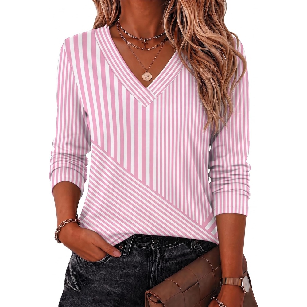 image:imageZeagoo Women Long Sleeve Tops Dressy Casual V Neck Shirt Fall Work BlousePink Stripedtz300