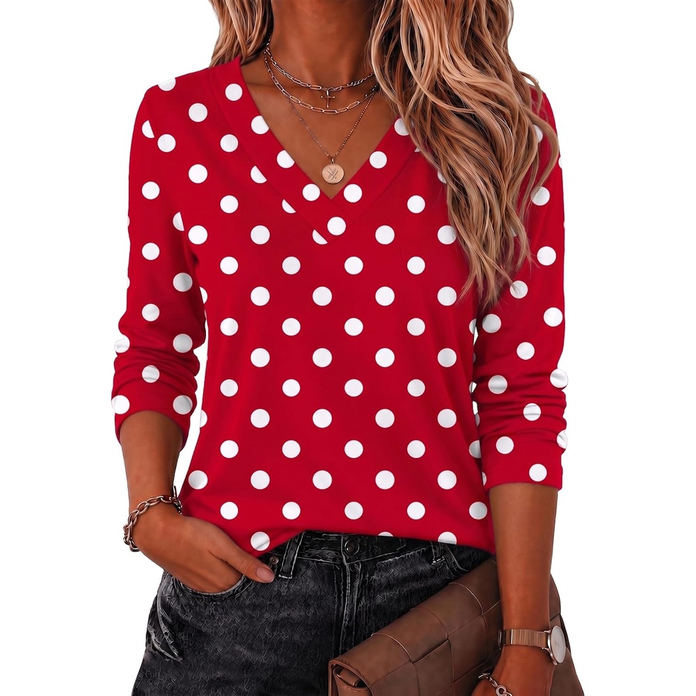 image:imageZeagoo Women Long Sleeve Tops Dressy Casual V Neck Shirt Fall Work BlouseRed Polka Dotsjh717