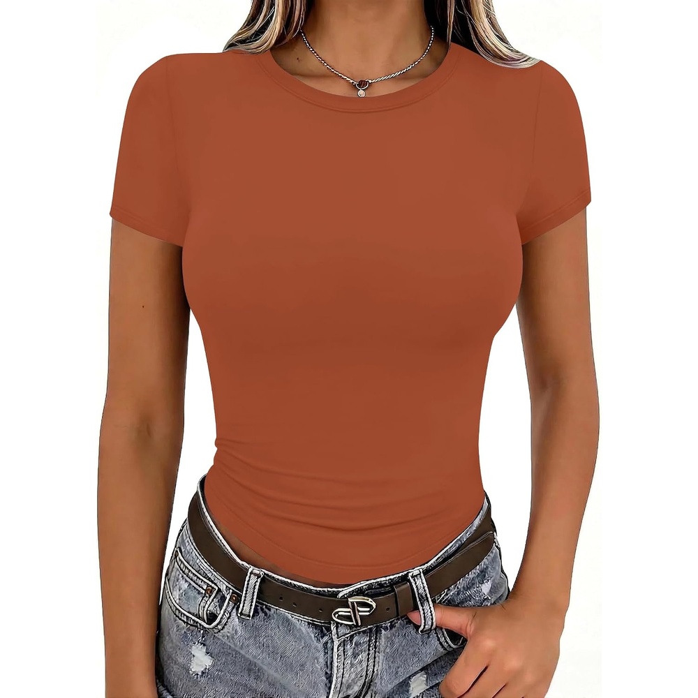 image:imageZeagoo Women Short Sleeve T Shirts Fitted Summer Tops Stretchy Basic TeeCaramel