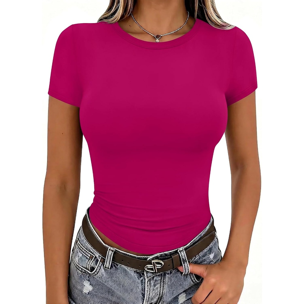 image:imageZeagoo Women Short Sleeve T Shirts Fitted Summer Tops Stretchy Basic TeeHot Pink
