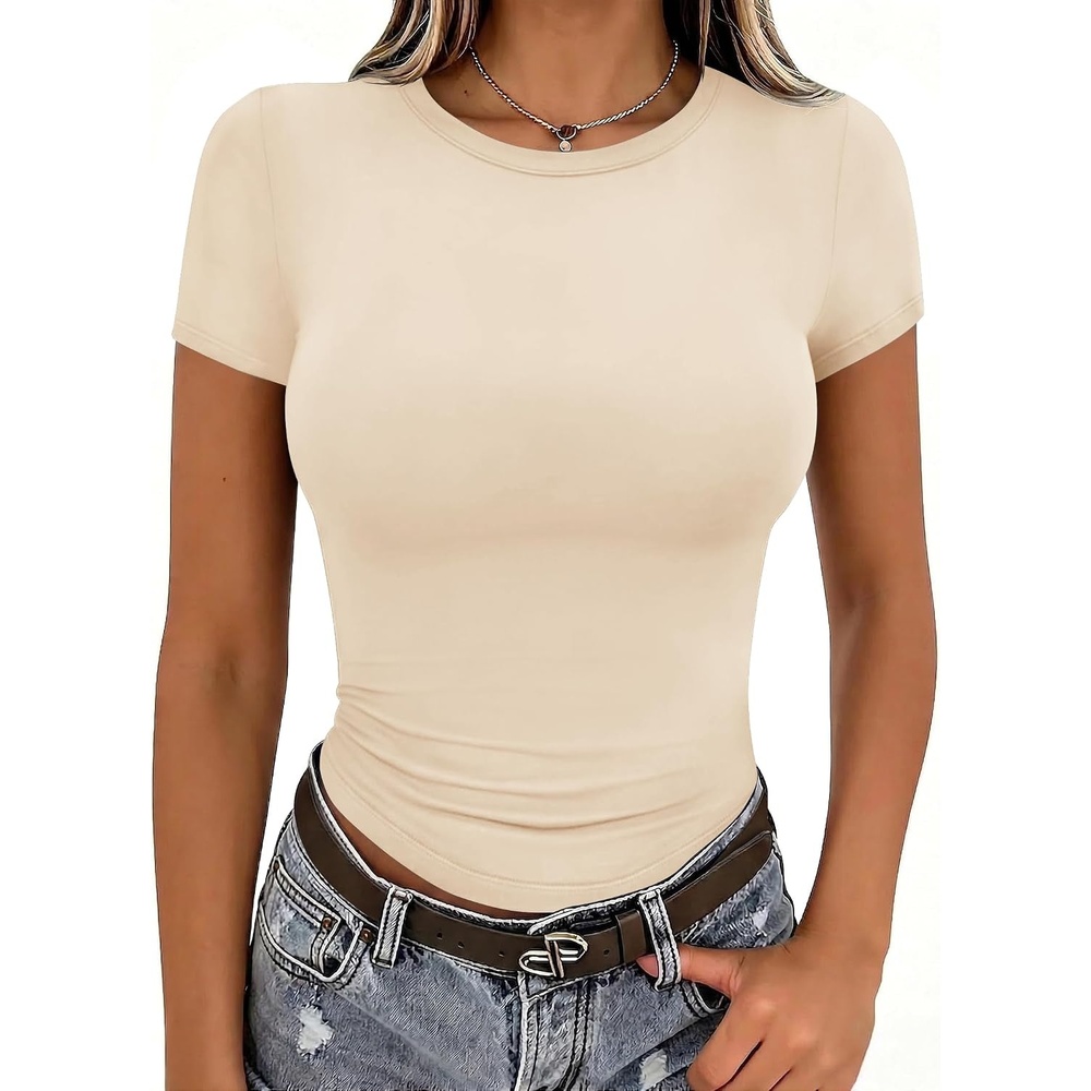 image:imageZeagoo Women Short Sleeve T Shirts Fitted Summer Tops Stretchy Basic TeeShort Sleeve Apricot