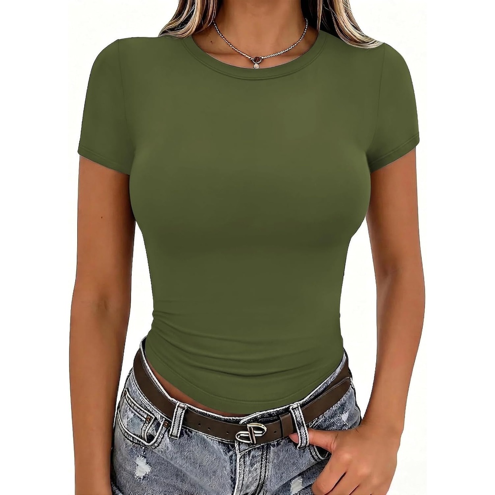image:imageZeagoo Women Short Sleeve T Shirts Fitted Summer Tops Stretchy Basic TeeShort Sleeve Army Green