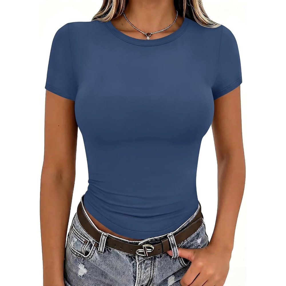 image:imageZeagoo Women Short Sleeve T Shirts Fitted Summer Tops Stretchy Basic TeeShort Sleeve Blue