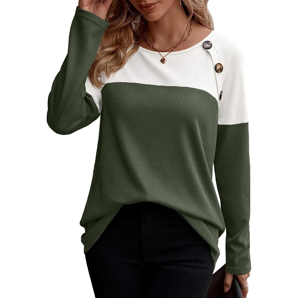 image:imageZeagoo Women Waffle Knit Shirts Long Sleeve Colorblock Tee Button Detail TunicsArmy