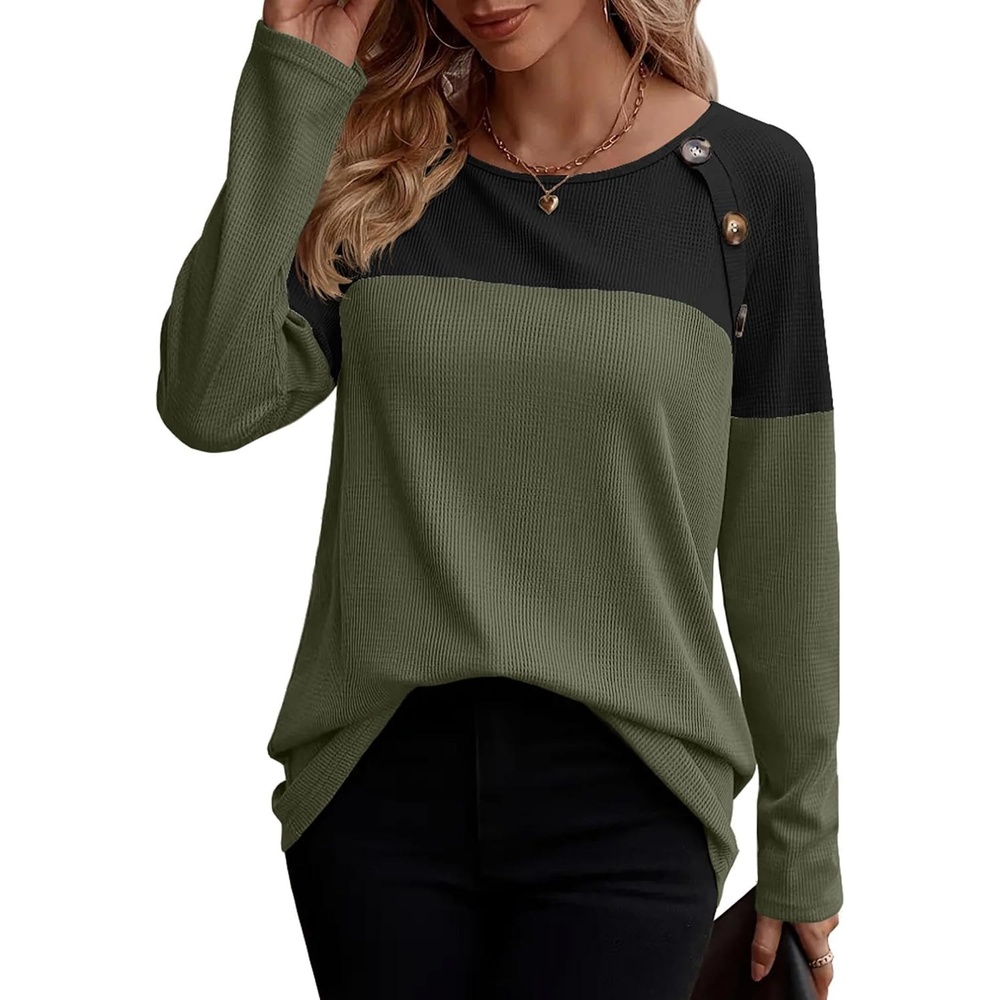 image:imageZeagoo Women Waffle Knit Shirts Long Sleeve Colorblock Tee Button Detail TunicsArmy Geeen