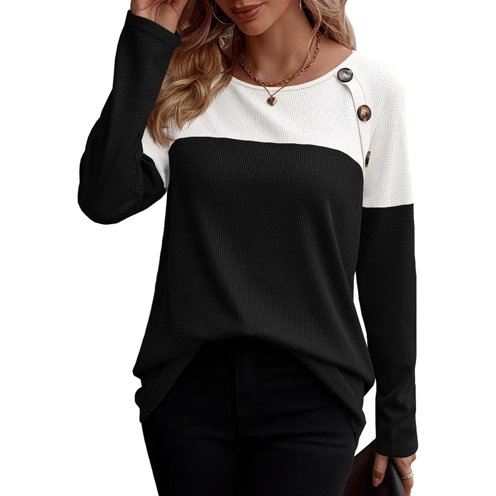 image:imageZeagoo Women Waffle Knit Shirts Long Sleeve Colorblock Tee Button Detail TunicsBlack