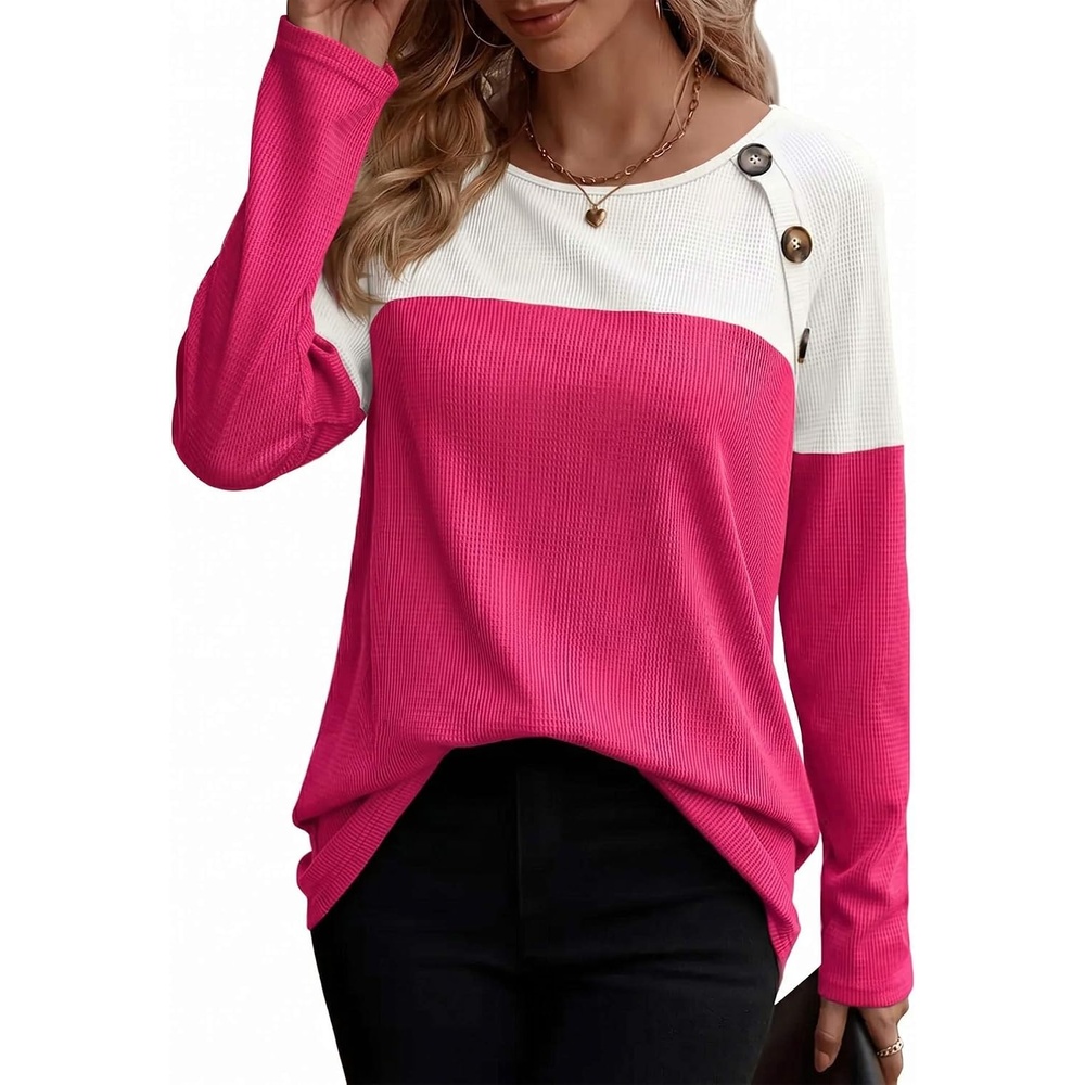 image:imageZeagoo Women Waffle Knit Shirts Long Sleeve Colorblock Tee Button Detail TunicsBlack Rose Red