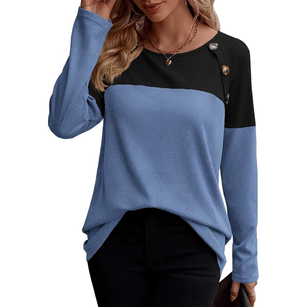 image:imageZeagoo Women Waffle Knit Shirts Long Sleeve Colorblock Tee Button Detail TunicsBlackblue