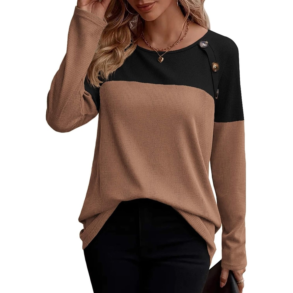 image:imageZeagoo Women Waffle Knit Shirts Long Sleeve Colorblock Tee Button Detail TunicsBlackbrown