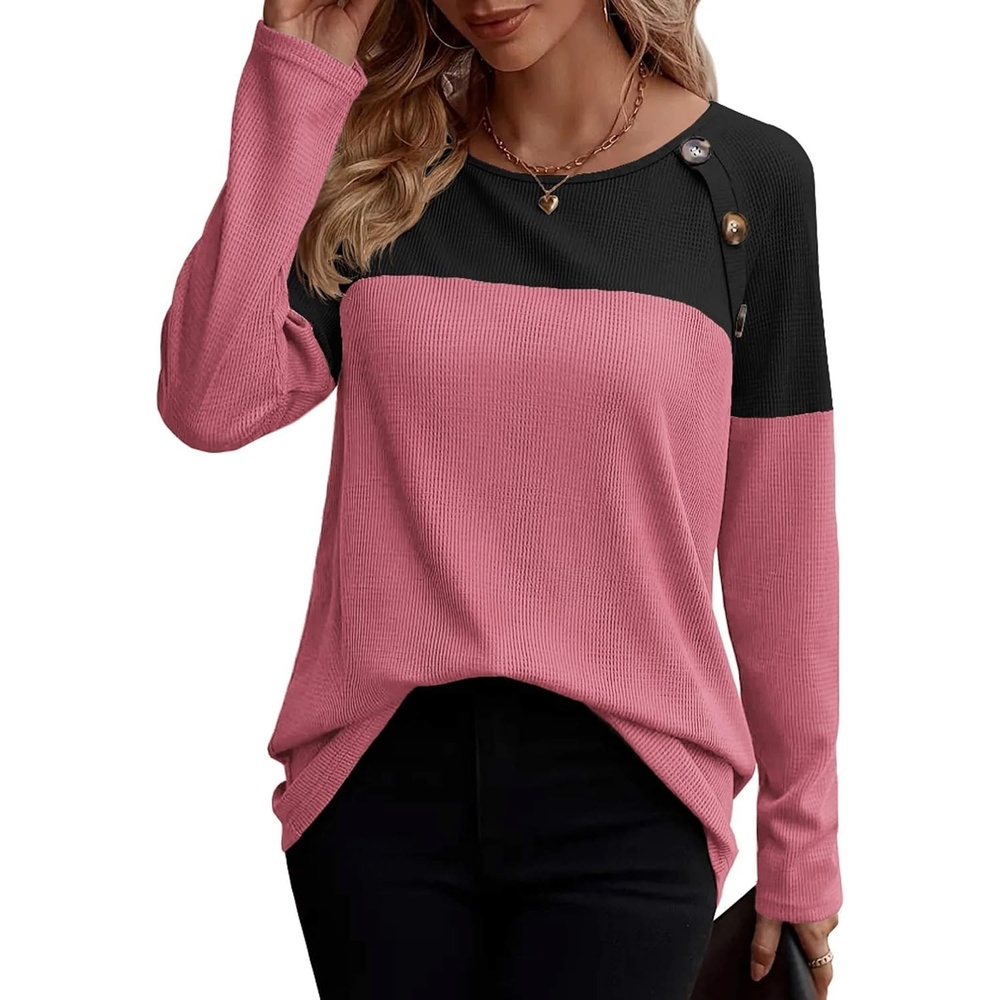 image:imageZeagoo Women Waffle Knit Shirts Long Sleeve Colorblock Tee Button Detail TunicsBlackmauve