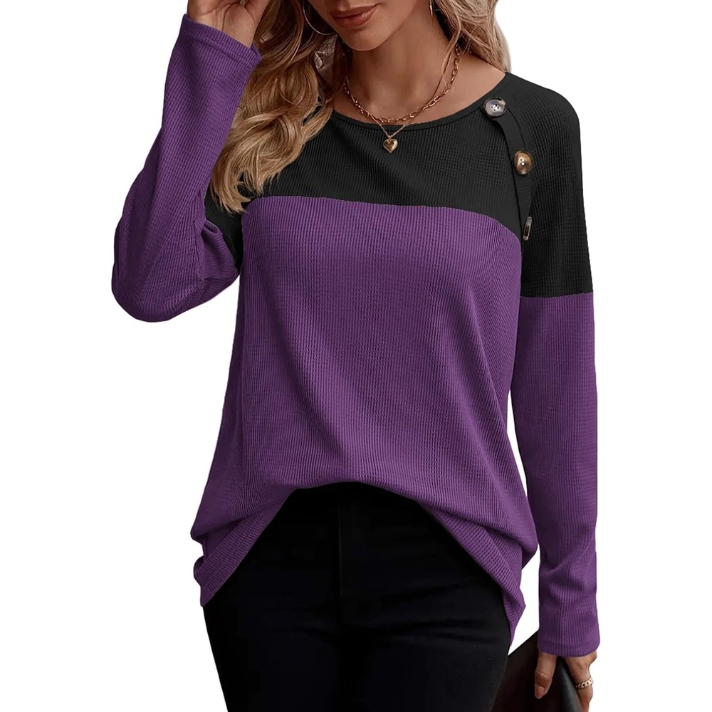 image:imageZeagoo Women Waffle Knit Shirts Long Sleeve Colorblock Tee Button Detail TunicsBlackpurple