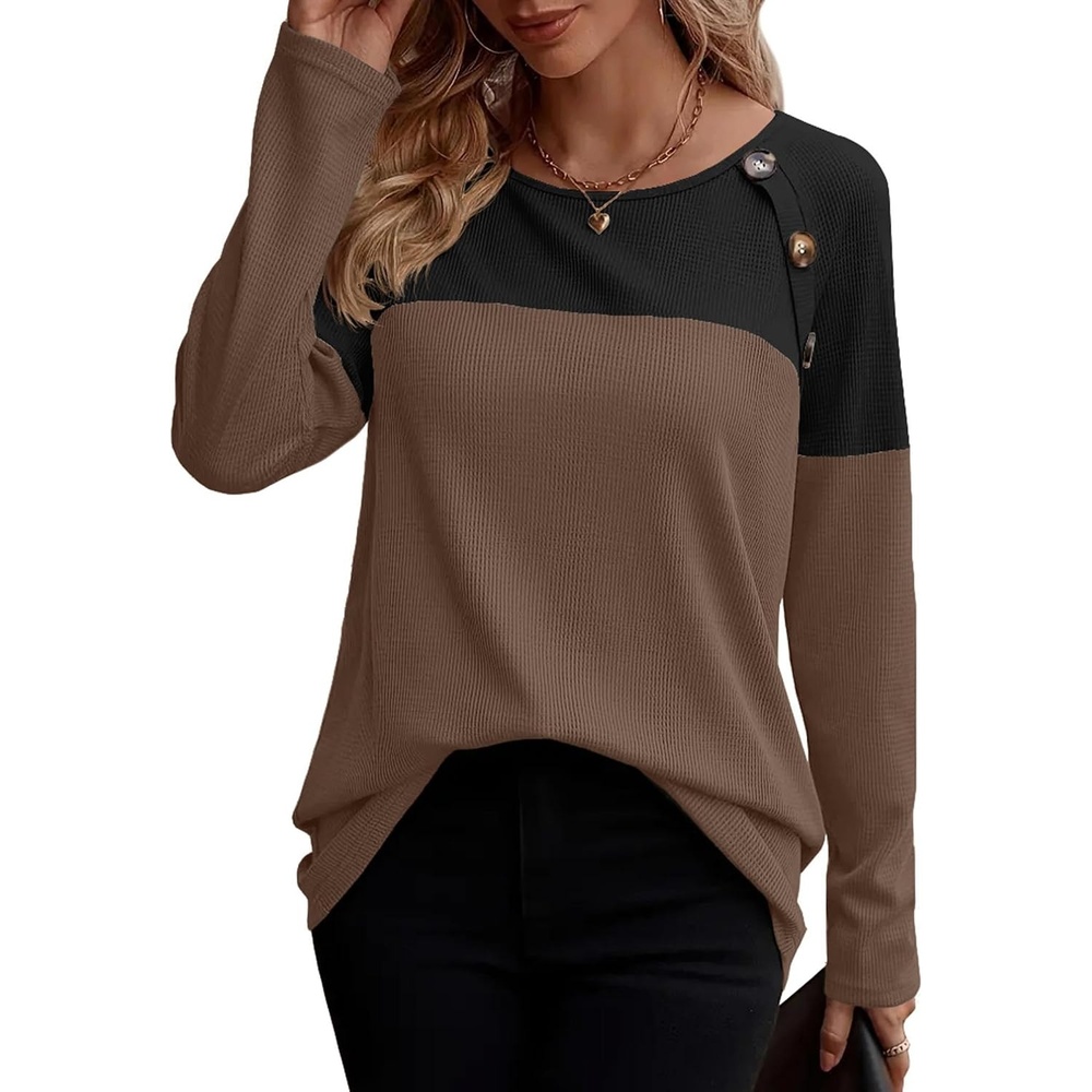image:imageZeagoo Women Waffle Knit Shirts Long Sleeve Colorblock Tee Button Detail TunicsBrown