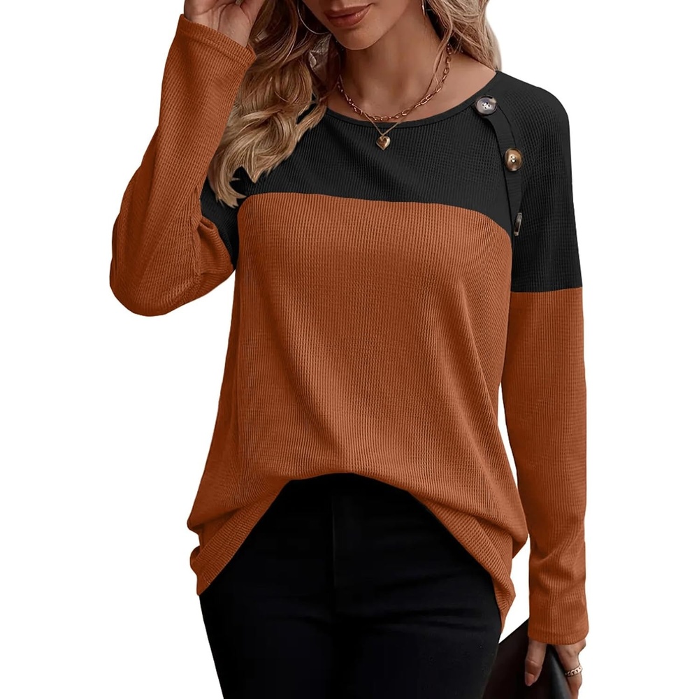 image:imageZeagoo Women Waffle Knit Shirts Long Sleeve Colorblock Tee Button Detail TunicsCaramel