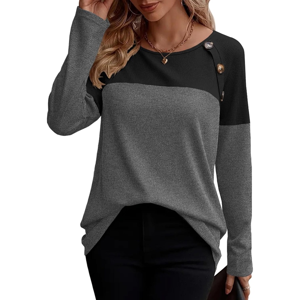 image:imageZeagoo Women Waffle Knit Shirts Long Sleeve Colorblock Tee Button Detail TunicsDark Grey