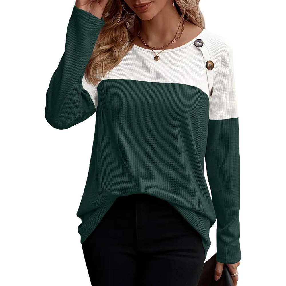 image:imageZeagoo Women Waffle Knit Shirts Long Sleeve Colorblock Tee Button Detail TunicsDeep Green