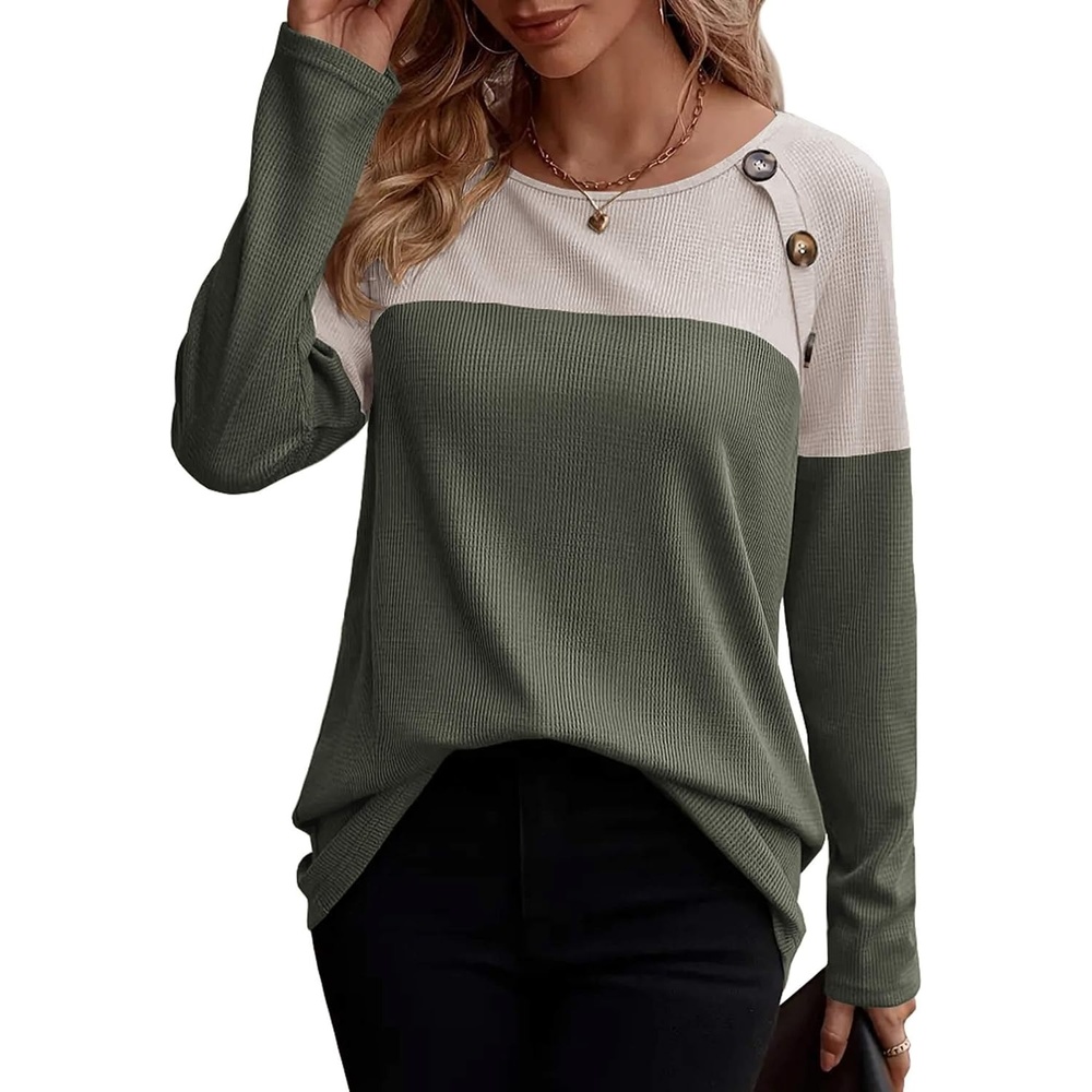 image:imageZeagoo Women Waffle Knit Shirts Long Sleeve Colorblock Tee Button Detail TunicsGreyarmy Green
