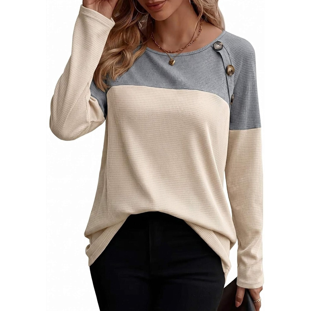 image:imageZeagoo Women Waffle Knit Shirts Long Sleeve Colorblock Tee Button Detail TunicsLight Gray Champagne