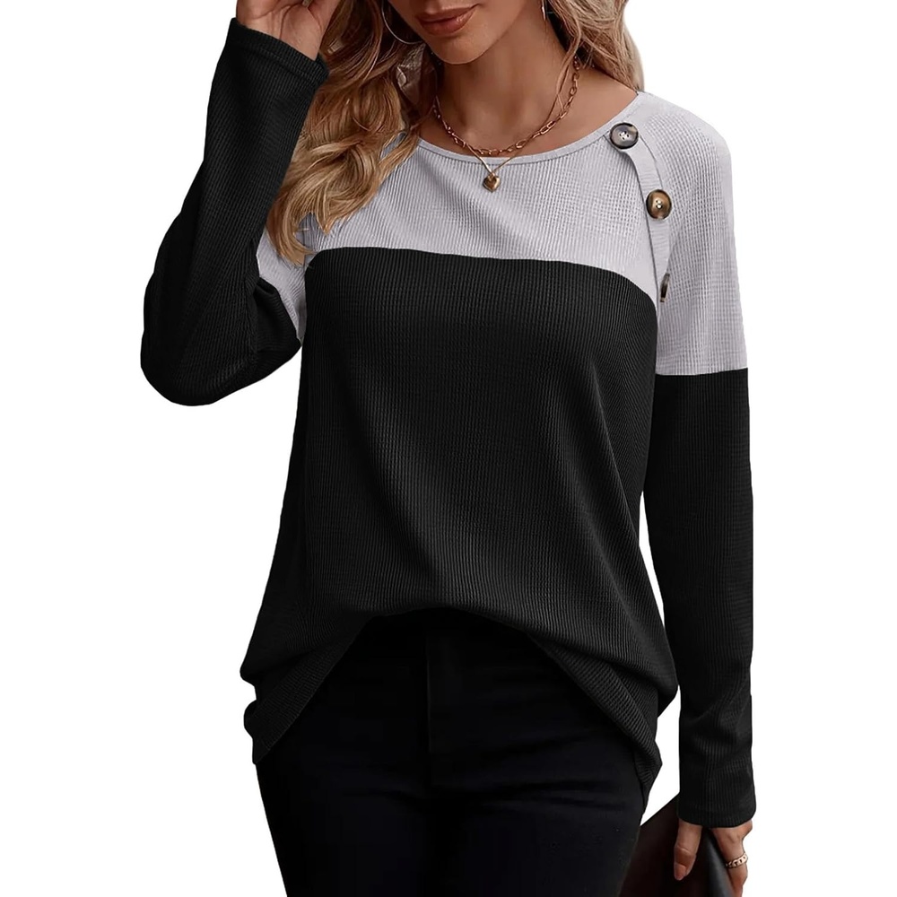 image:imageZeagoo Women Waffle Knit Shirts Long Sleeve Colorblock Tee Button Detail TunicsLight Grey Black
