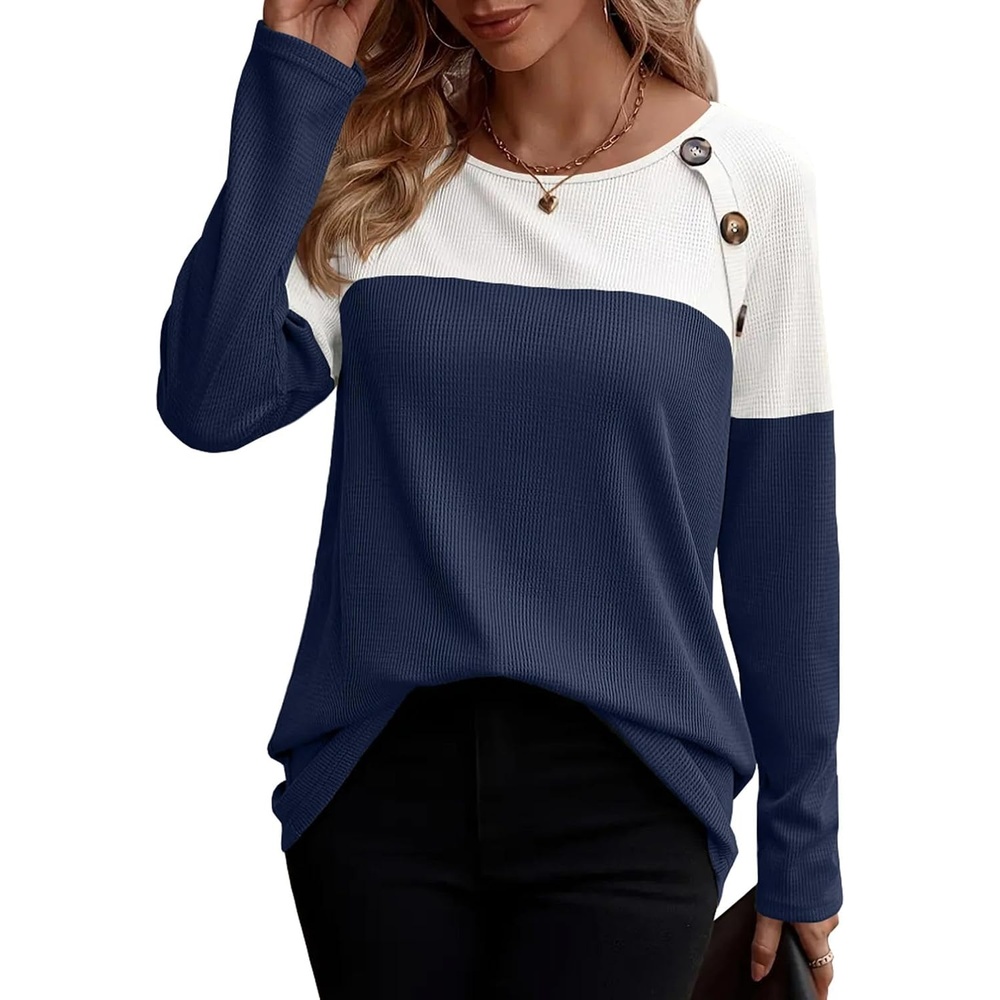 image:imageZeagoo Women Waffle Knit Shirts Long Sleeve Colorblock Tee Button Detail TunicsNavy