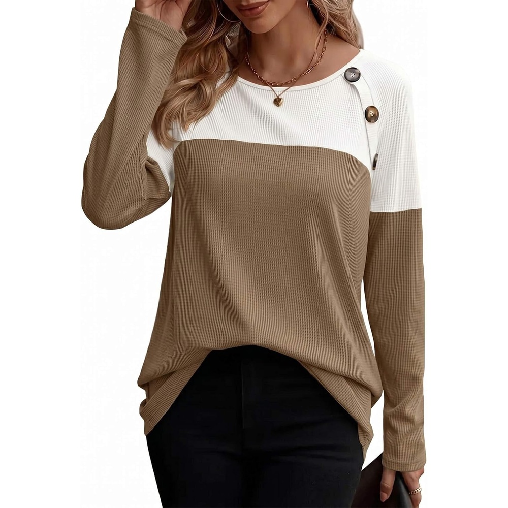 image:imageZeagoo Women Waffle Knit Shirts Long Sleeve Colorblock Tee Button Detail TunicsWhite Khaki