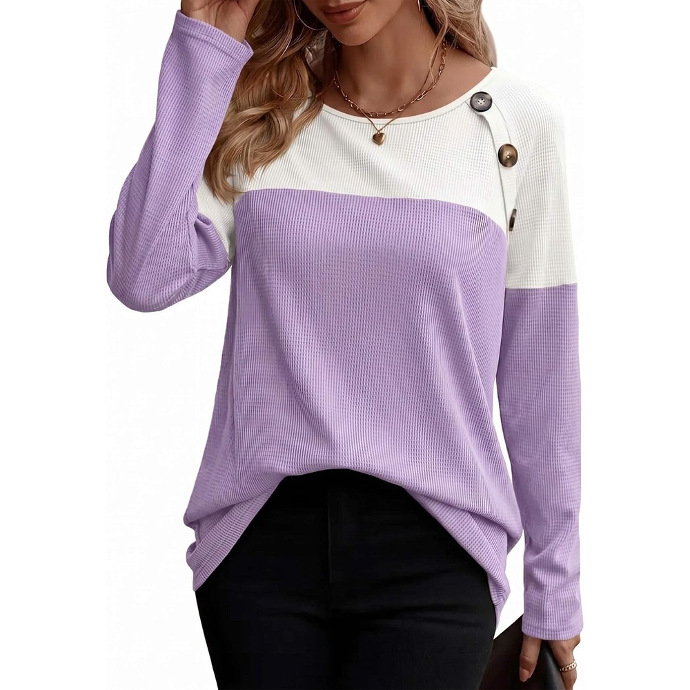 image:imageZeagoo Women Waffle Knit Shirts Long Sleeve Colorblock Tee Button Detail TunicsWhite Lilac