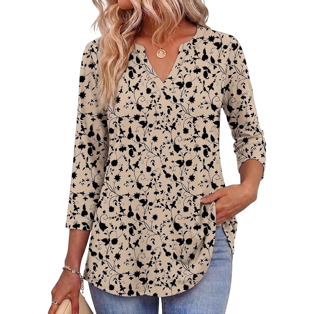 image:imageZeagoo Womens 34 Length Sleeve Tops V Neck Tunic Dressy Casual BlouseApricot Black Floral