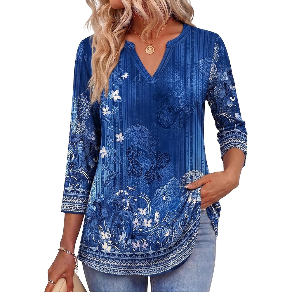image:imageZeagoo Womens 34 Length Sleeve Tops V Neck Tunic Dressy Casual BlouseBlue Floral