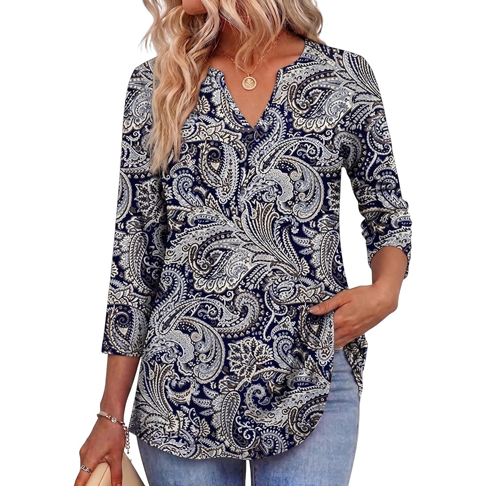 image:imageZeagoo Womens 34 Length Sleeve Tops V Neck Tunic Dressy Casual BlouseBlue Pattern