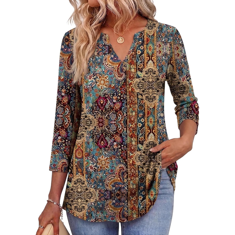 image:imageZeagoo Womens 34 Length Sleeve Tops V Neck Tunic Dressy Casual BlouseBoho Multicolor