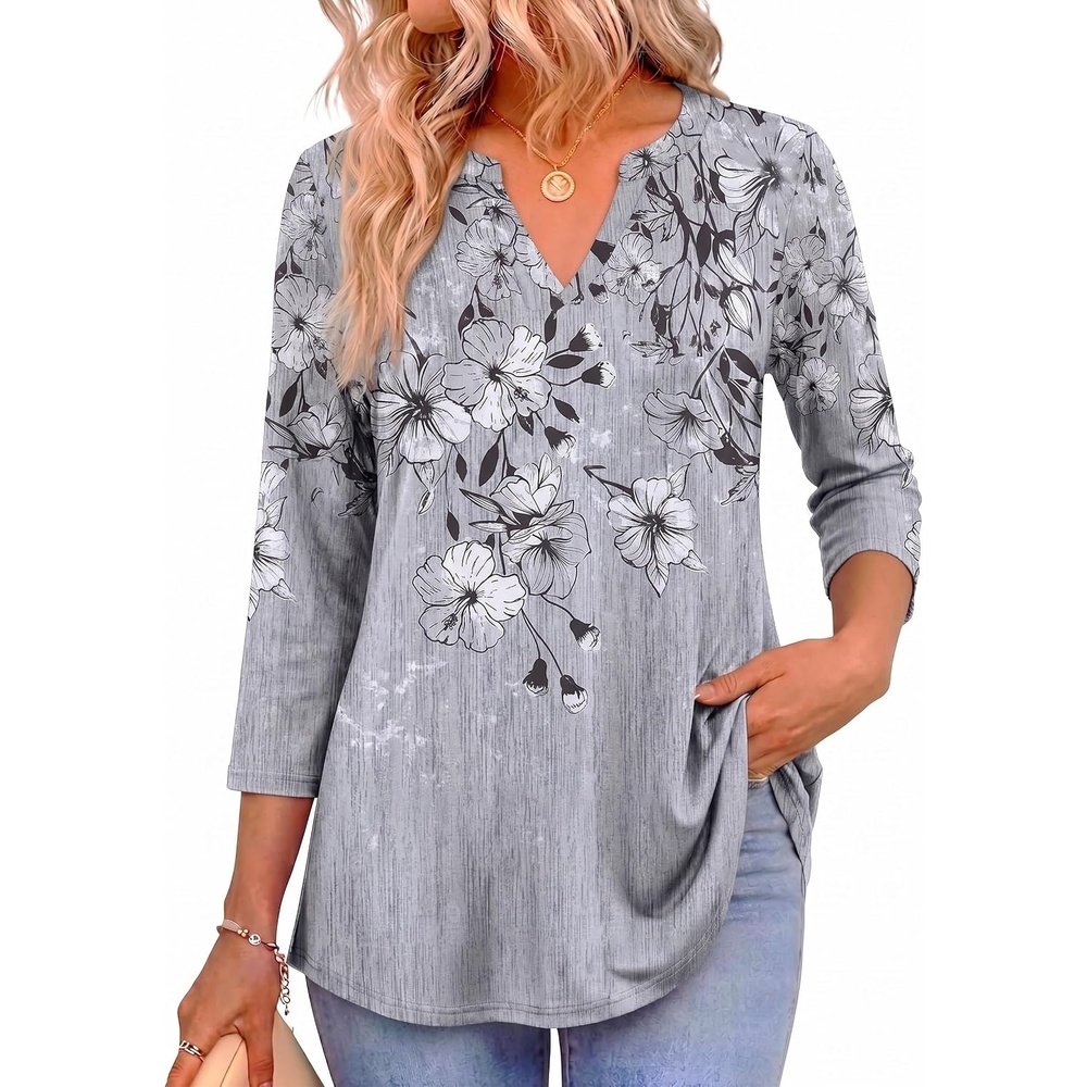 image:imageZeagoo Womens 34 Length Sleeve Tops V Neck Tunic Dressy Casual BlouseGray Floral