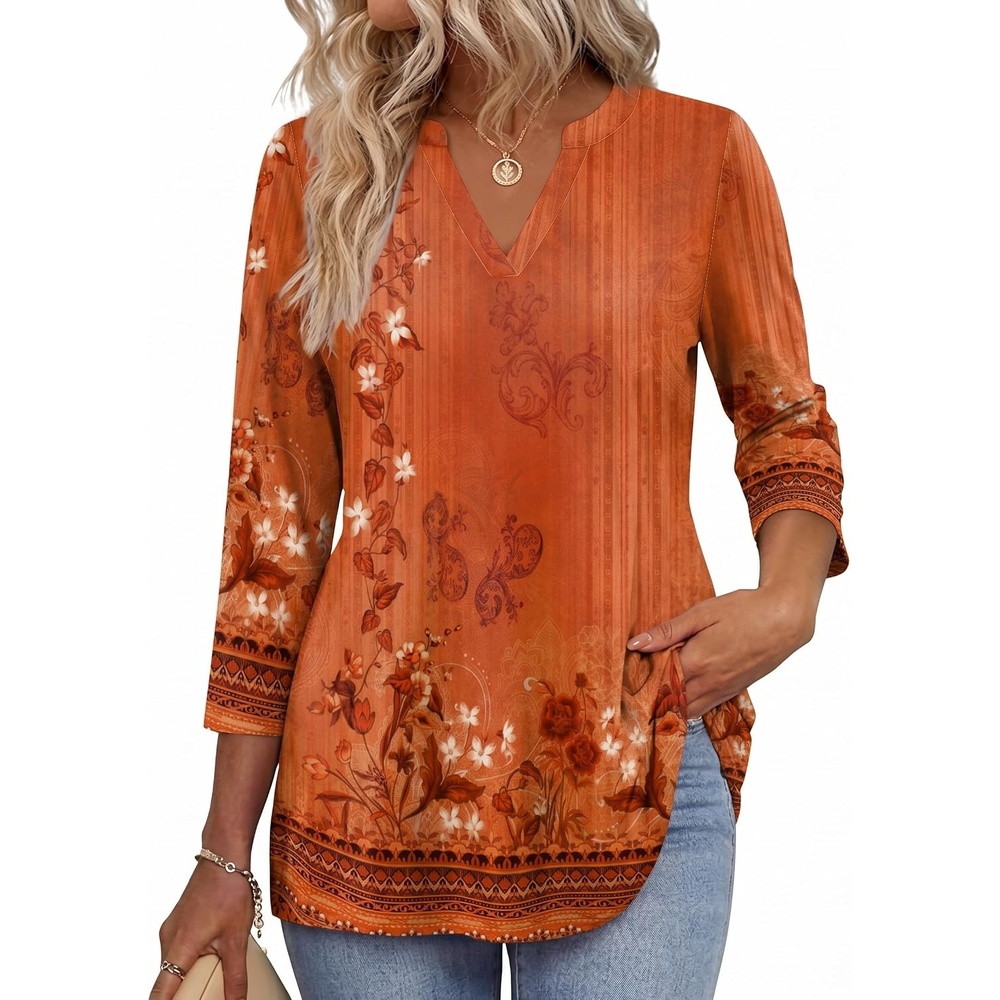 image:imageZeagoo Womens 34 Length Sleeve Tops V Neck Tunic Dressy Casual BlouseOrange Floral
