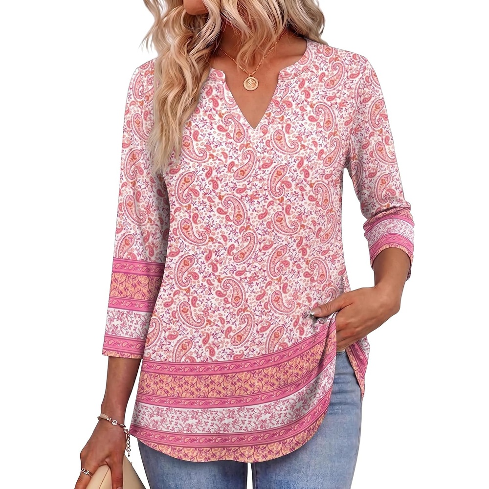 image:imageZeagoo Womens 34 Length Sleeve Tops V Neck Tunic Dressy Casual BlousePink Floral Mz744