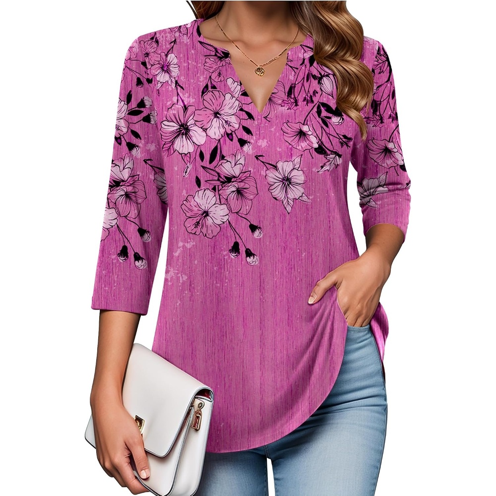 image:imageZeagoo Womens 34 Length Sleeve Tops V Neck Tunic Dressy Casual BlousePurple Floral