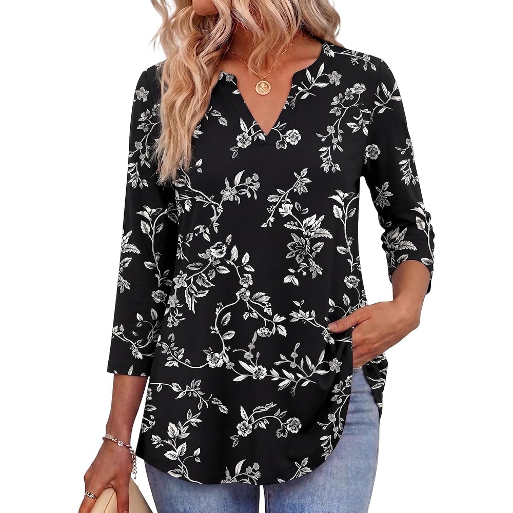 image:imageZeagoo Womens 34 Length Sleeve Tops V Neck Tunic Dressy Casual BlouseWhite Sprig on Black