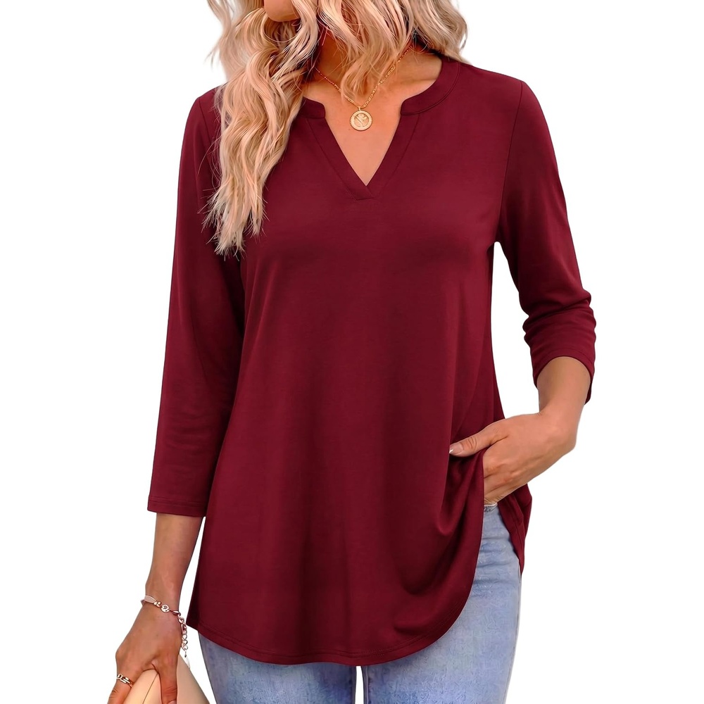 image:imageZeagoo Womens 34 Length Sleeve Tops V Neck Tunic Dressy Casual BlouseWine Red