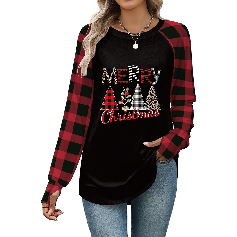 image:imageZeagoo Womens Casual Long Sleeve Shirts Crew Neck Round Loose Tunic TopsBlack Plaid Christmas