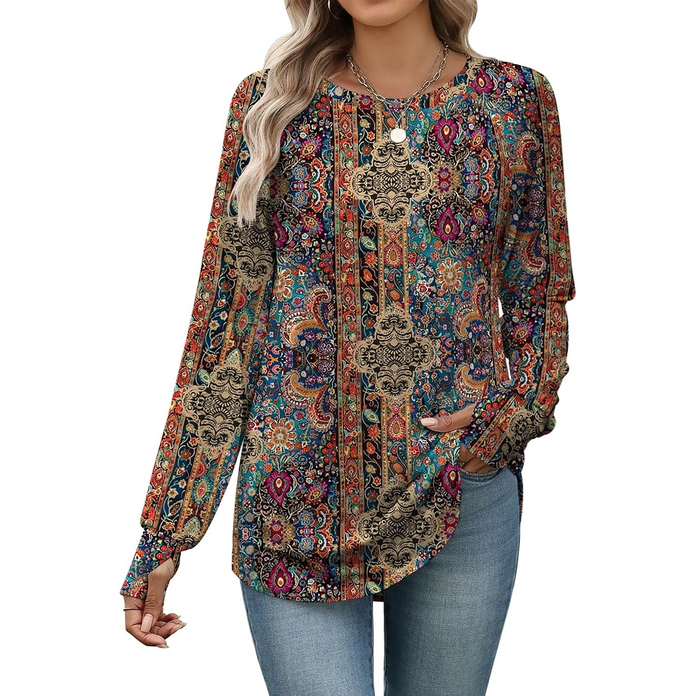 image:imageZeagoo Womens Casual Long Sleeve Shirts Crew Neck Round Loose Tunic TopsBoho