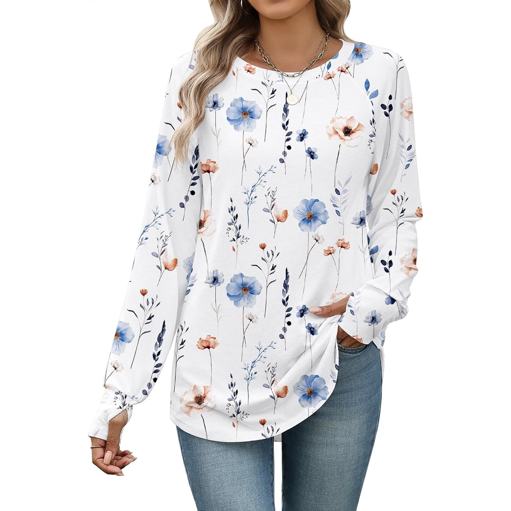 image:imageZeagoo Womens Casual Long Sleeve Shirts Crew Neck Round Loose Tunic TopsFloral White