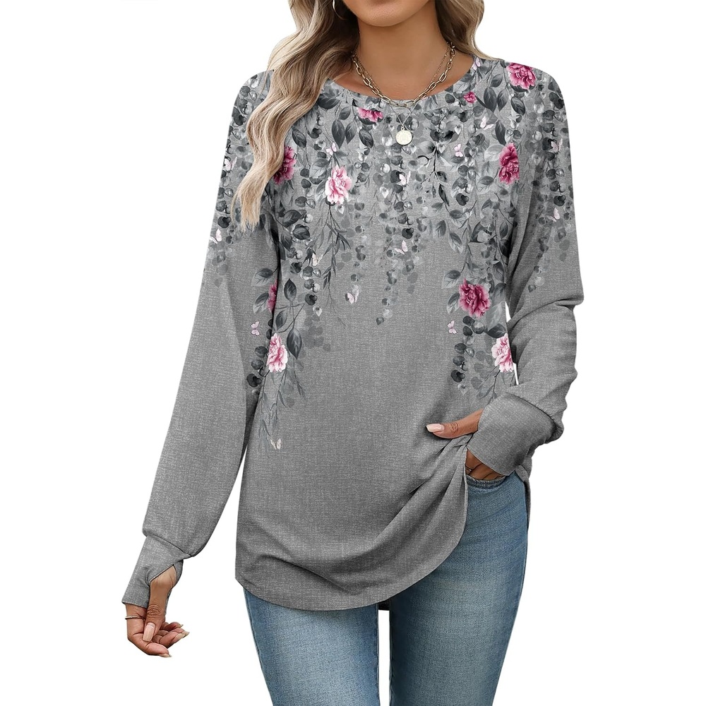 image:imageZeagoo Womens Casual Long Sleeve Shirts Crew Neck Round Loose Tunic TopsGrey Print