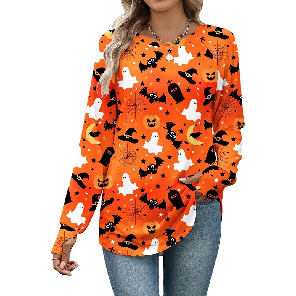 image:imageZeagoo Womens Casual Long Sleeve Shirts Crew Neck Round Loose Tunic TopsHalloween Bats