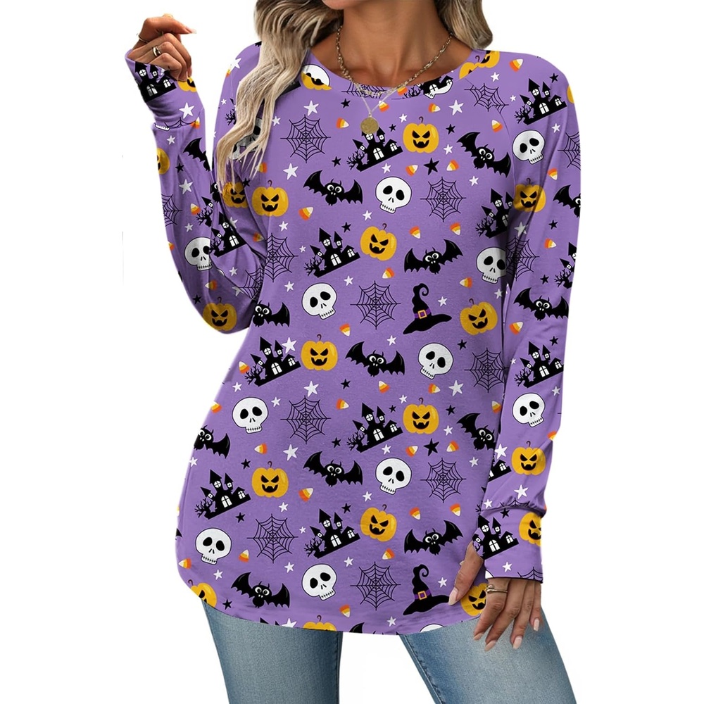 image:imageZeagoo Womens Casual Long Sleeve Shirts Crew Neck Round Loose Tunic TopsHalloween Purple