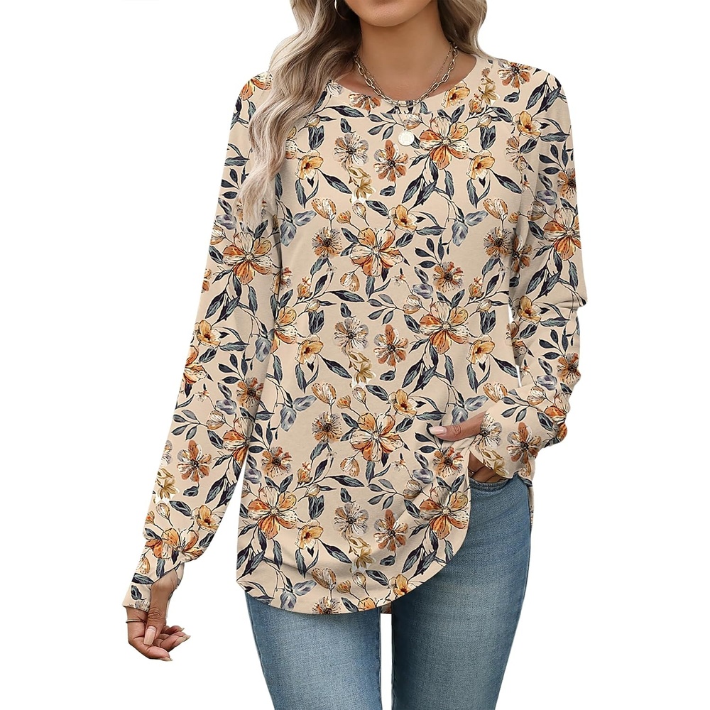 image:imageZeagoo Womens Casual Long Sleeve Shirts Crew Neck Round Loose Tunic TopsKhaki Floral