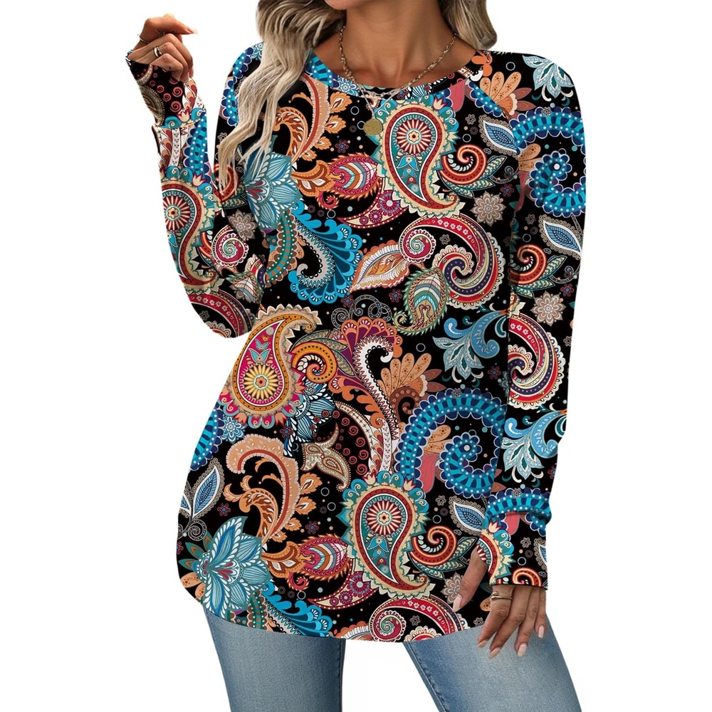 image:imageZeagoo Womens Casual Long Sleeve Shirts Crew Neck Round Loose Tunic TopsMulticolored Paisley