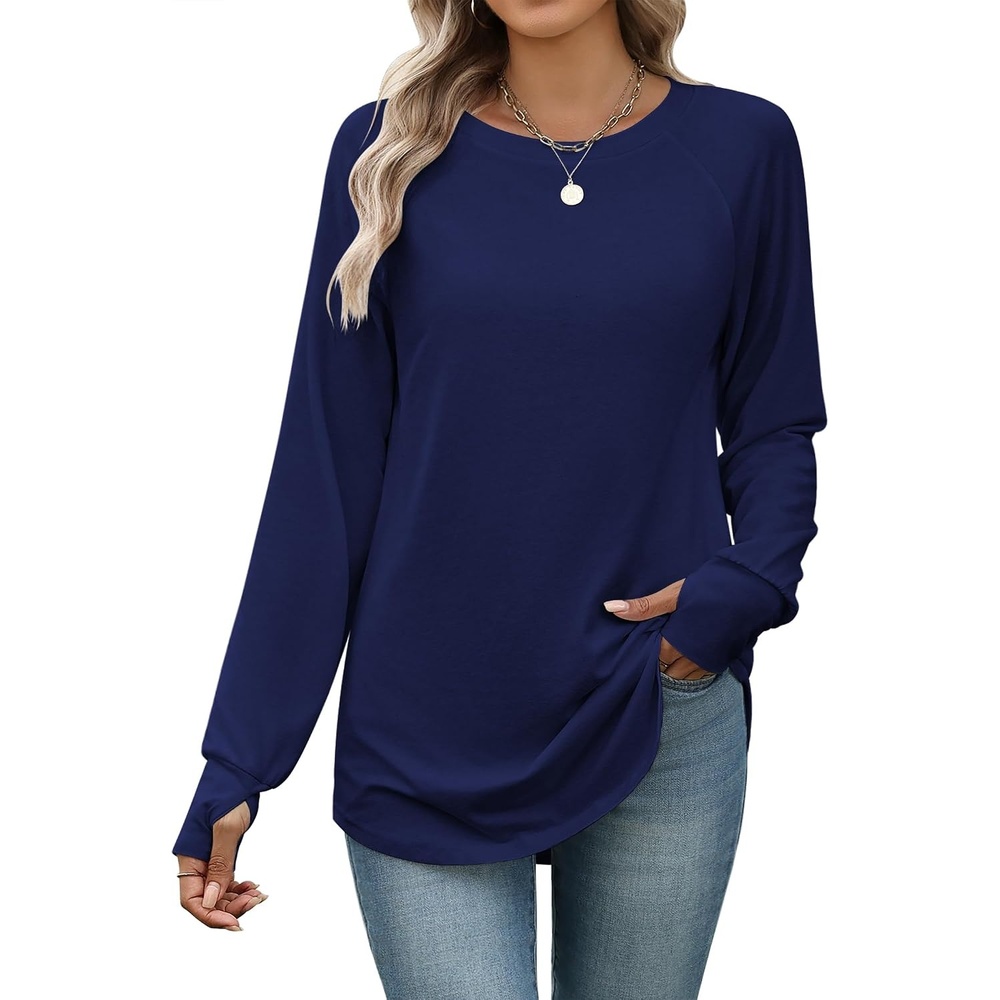 image:imageZeagoo Womens Casual Long Sleeve Shirts Crew Neck Round Loose Tunic TopsNavy Blue